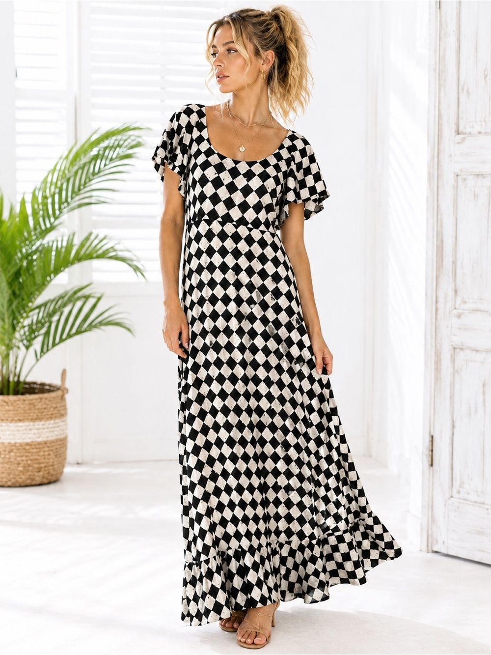 Jams World Black White Diamond Print Maxi Dress Ruffle Hem Size XL